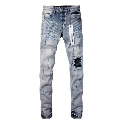 Mens Light Wash Distressed Denim Jeans With Patch Detail Slim Fit Stretch Trousers Daily Wear