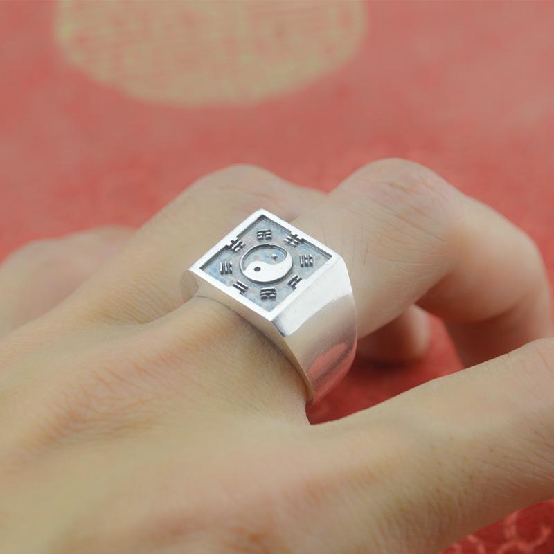 Anello Argento Yin Taifei Stile Etnico Retro Regolabile Bagua Tai Chi per Uomini
