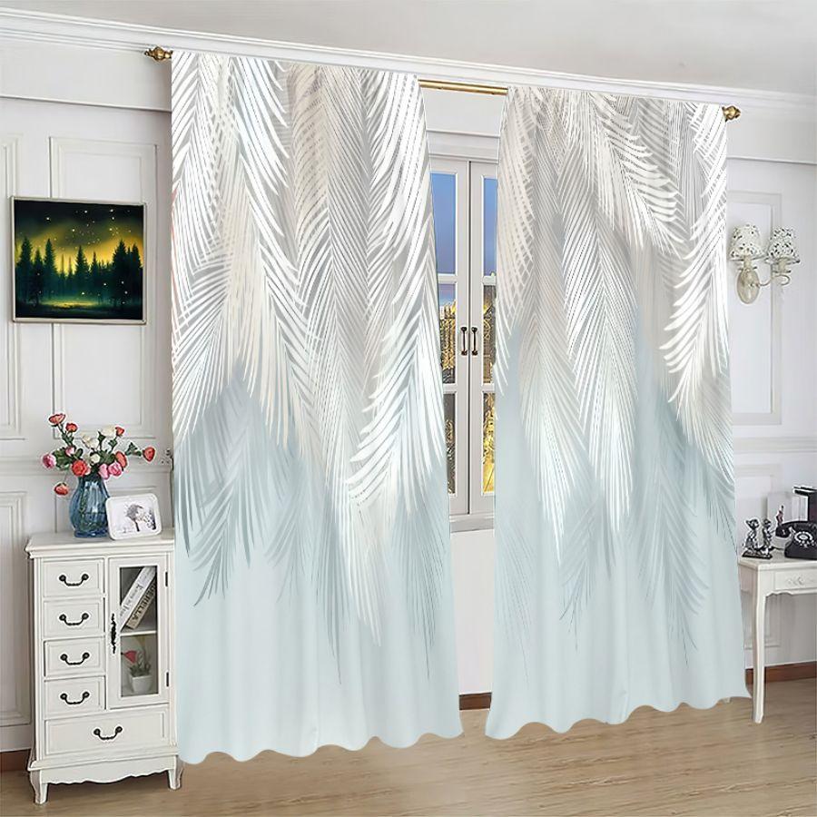 2pcs- Pure white and blue feather polyester curtains, pole bag curtains 42 * 84, bedroom, living room, family room decoration