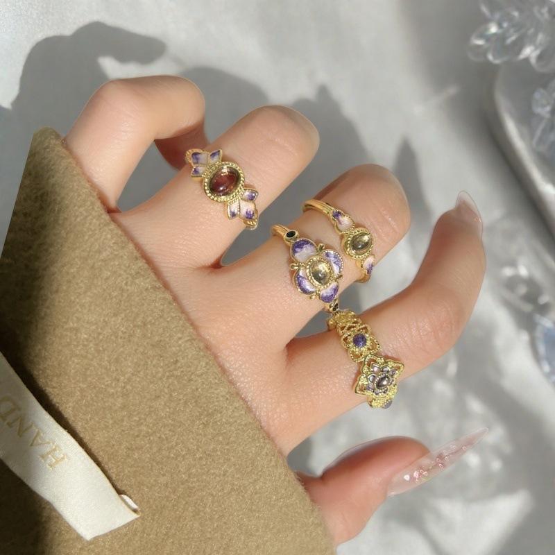 High-End Brown Colored Treasure Retro Flower Enamel Purple Dripping Oil Opening Ring Medieval French Retro Ring Woman