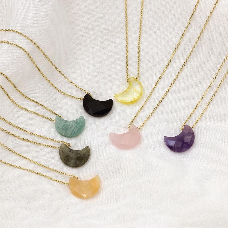 Elegant Natural Stone Moon Pendant Necklace with Stainless Steel Chain for Women