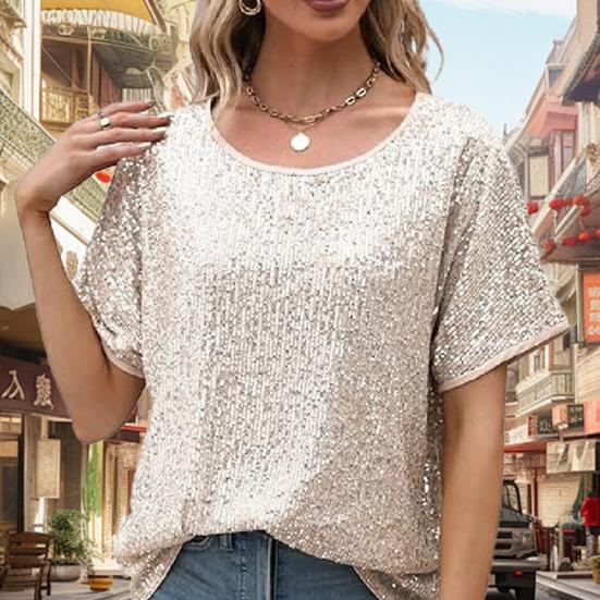 Women Tops Round Neck Short Sleeve Loose Fit Tee Shirt Sparkling Sequins Casual Shirt Versatile