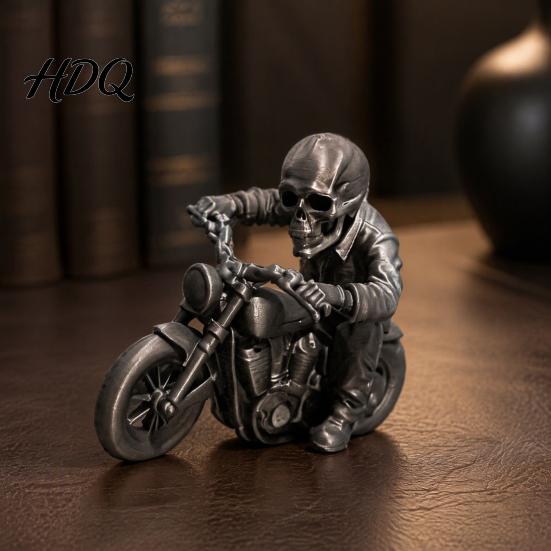 Unique Desktop Accessory 3D Printed Skull Motorcycle Rider Statue, Cool Gothic Biker Skeleton Ornament Figurine, Motorbike Sculpture Car Decor