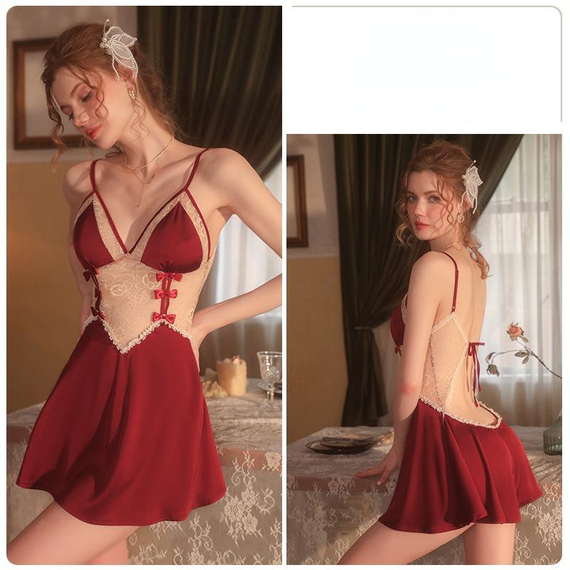 Sexy ryggløs forførende dyp V komfortabel pyjamas sløyfe stropp pyjamas kjole hjemme dress