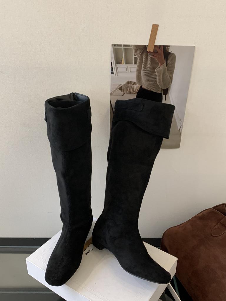 2025 new retro suede square head thick heel medium heel boots women but knee high and thin two wear stacked boots