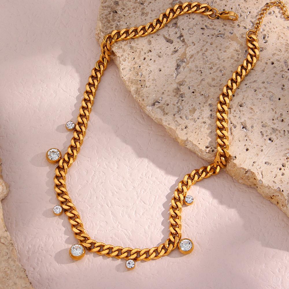 MamacitaSlay Trendy Round Zircon Gold Plated Cuban Chain Necklaces Adjustable Stainless Steel Choker Necklaces for Women Party
