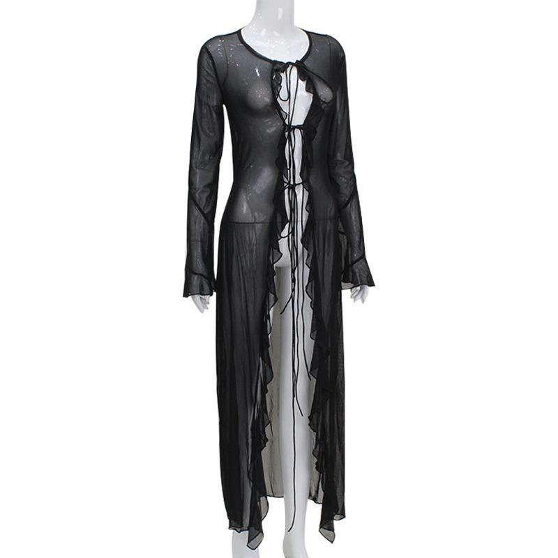 Sexy Stil Damen Mesh Spitze Halber Cardigan Langärmlig Holzohr Kante Perspektive Modekleid