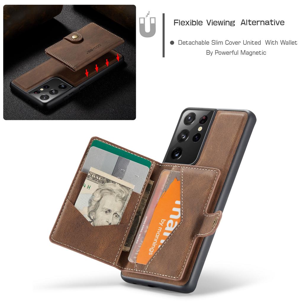 For Samsung Galaxy S21 Ultra 5G Case JEEHOOD J01 Retro Leather Phone Back Cover with Detachable Magnetic Card Holder
