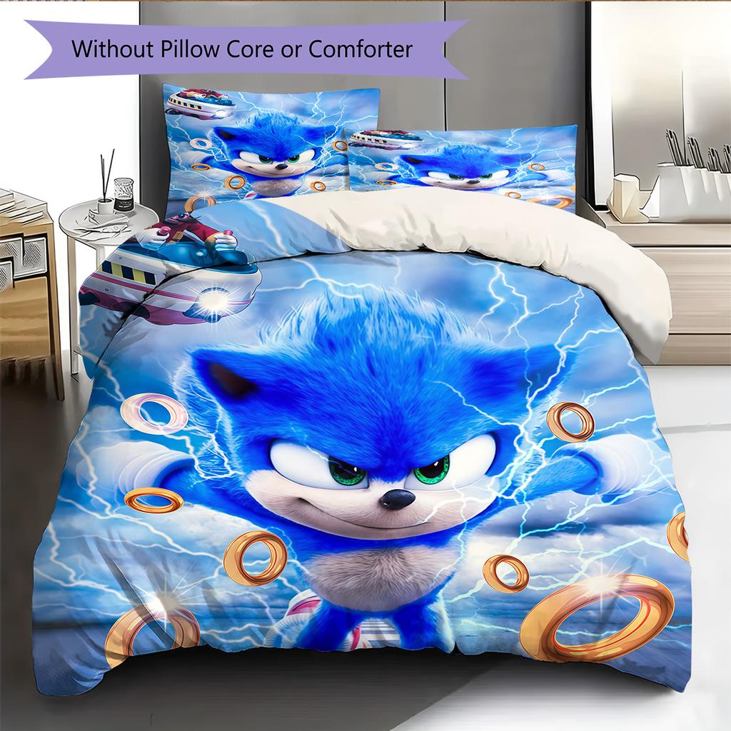 Sonic Lightning Pattern Bedding Quilt Set  Home Decoration  Gift (1 * duvet cover + 2 * pillowcase  without core)