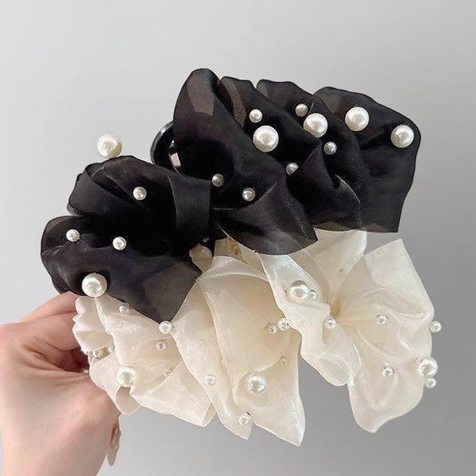 Elegant French Pearl Bow Claw Clip: Large Mesh Hair Accessory for Women