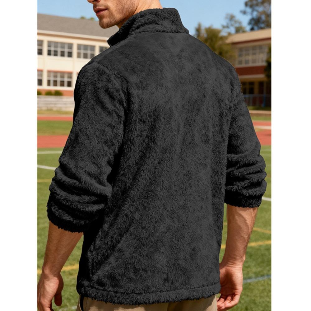 Herren Polarfleecejacke für Winter Einfarbig Stehkragen Langarm Reißverschlussfliege Mantel Lockere Passform Herren Oberbekleidung mit Taschen