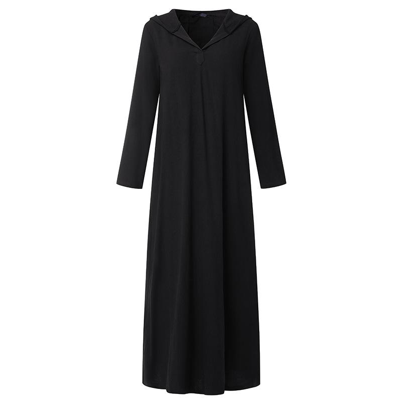 Women's Hooded V Neck Long Sleeve Linen Maxi Dress Loose Fit Solid Color Modest Abaya Kaftan