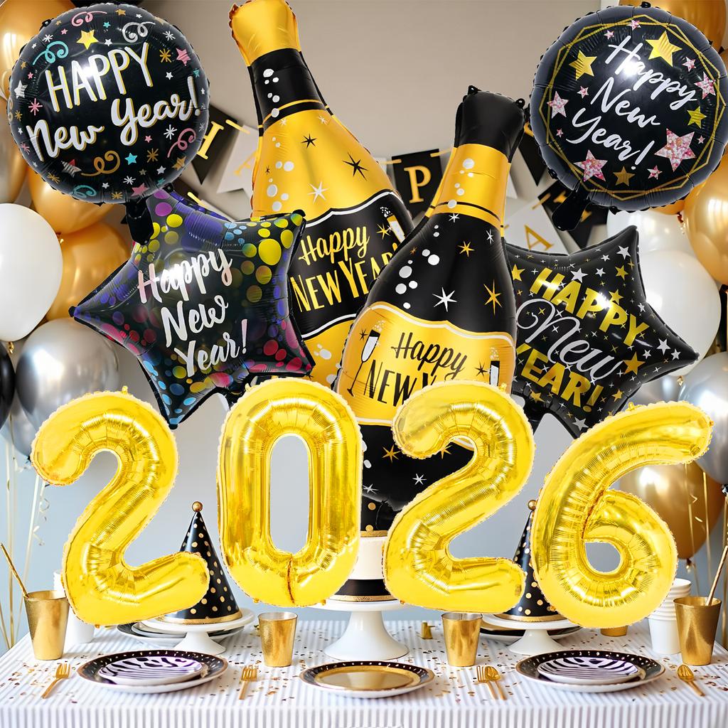 10Pcs 2026 Black Gold Happy New Year Balloon Set  New Year's Eve Party Atmosphere Decoration  Wine Bottle Aluminum  ballons