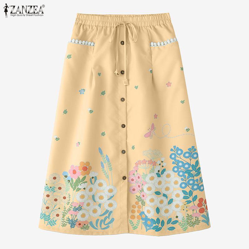 ZANZEA Women Loose Elastic Waist Casual Floral Print Skirts