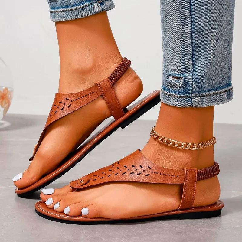 Ladies Shoes 2025 New Women's Sandals Open Toe Casual Sandals Women Rivet Elastic Band Flat Heel Soft Bottom Shoes Female