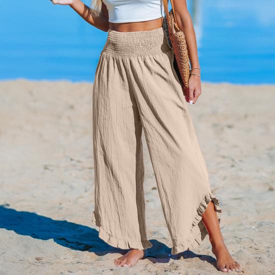 Women Casual Pants Pleated Elastic High Waist Wide Leg Long Trousers with Pockets Ruffle