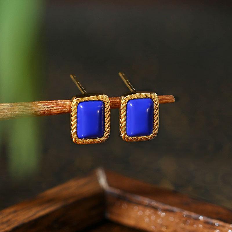 Aieryuan S925 Silver Needle Gold-Plated Lapis Lazuli Square Minimalist Stud Earrings