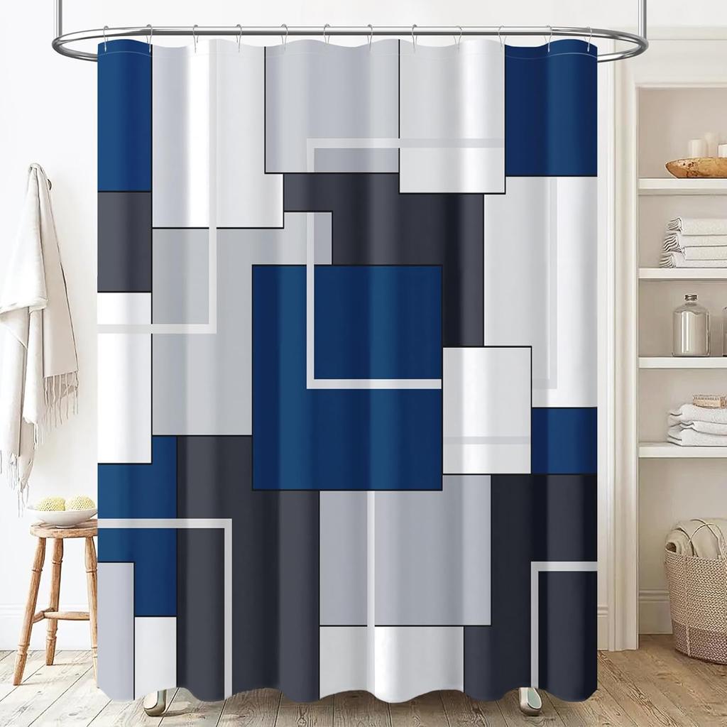 Black and White Checkered Wave Stripe Geometric Shower Curtain Bathroom Waterproof Polyester Curtain with Hook Home Decor