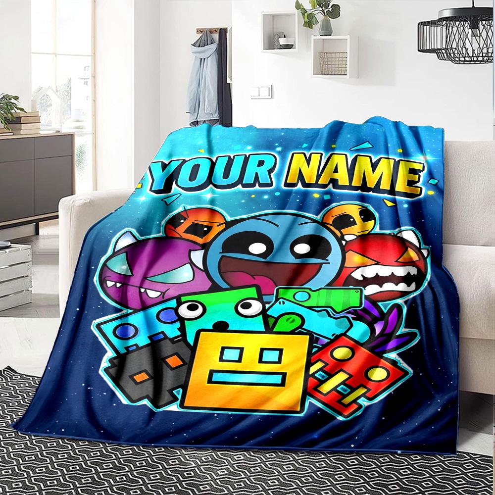 1pc Geometry Dash Blanket with Custom Name, Gift, for Men and Women, Soft Blanket, Good for Sofa Bed Couch Travel, Lightweight Flannel Blanket