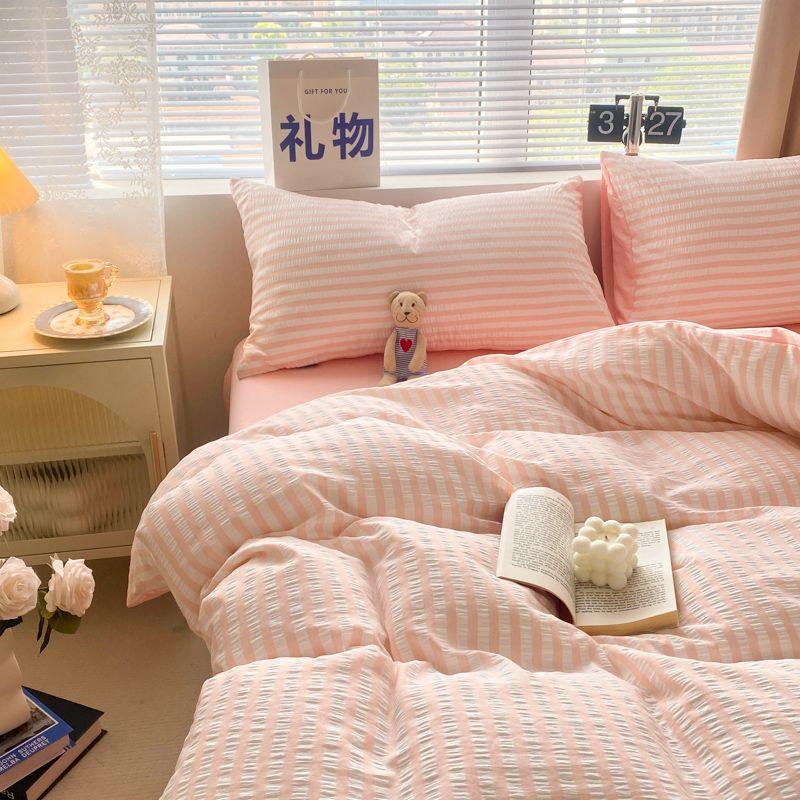 Seersucker Bedding Sets Solid Color Washed Cotton Microfiber Duvet Cover Flat Sheet Pillowcases Soft Bed Linen For Girls