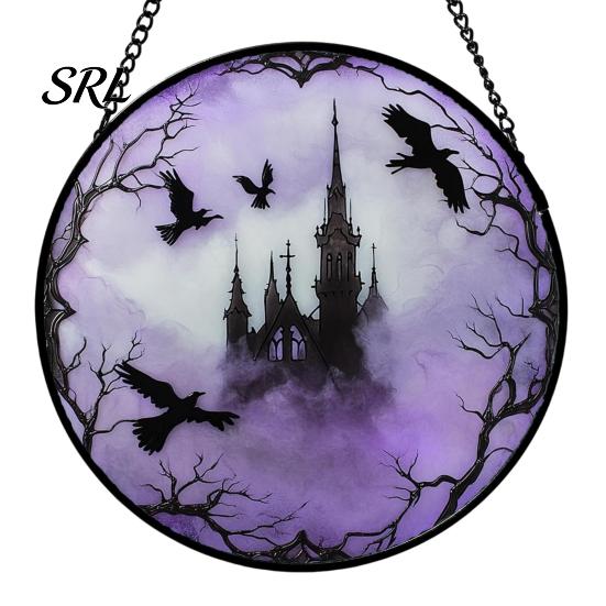 Horror Party Atmosphere Supplies Retro Halloween Pendant, Ghost/Bat/Spider Web/Pumpkin Head Print, Acrylic Disc Wall Decor Vintage Hanging Ornament