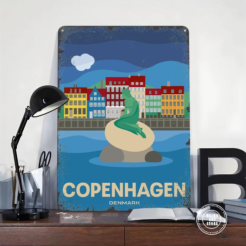 Copenhagen Denmark Travel Printed Poster Customized Wall Art Retro Vintage Metal Tin Signs for Home Decor Coffee Bar Accessories