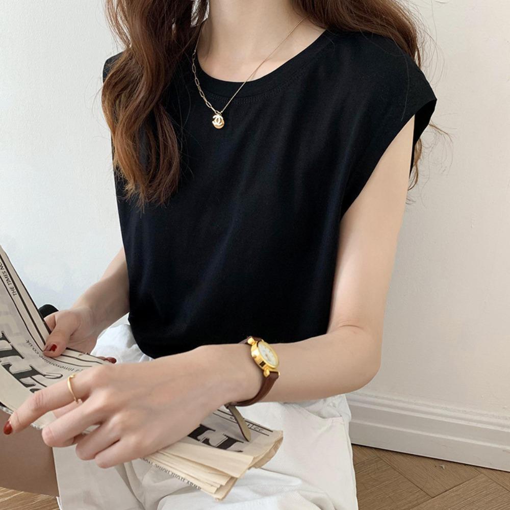 Women's Crew Neck Sleeveless Tank Top Loose Fit Commuter Solid Color Pullover Casual Tee