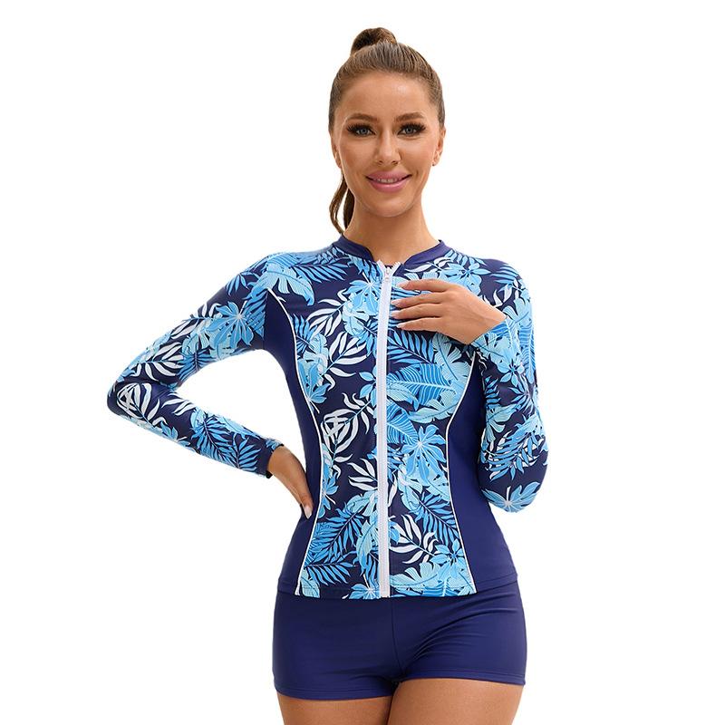 European and American long-sleeved conservative three-piece women s swimsuit high waist flat angle tight split swimsuit S