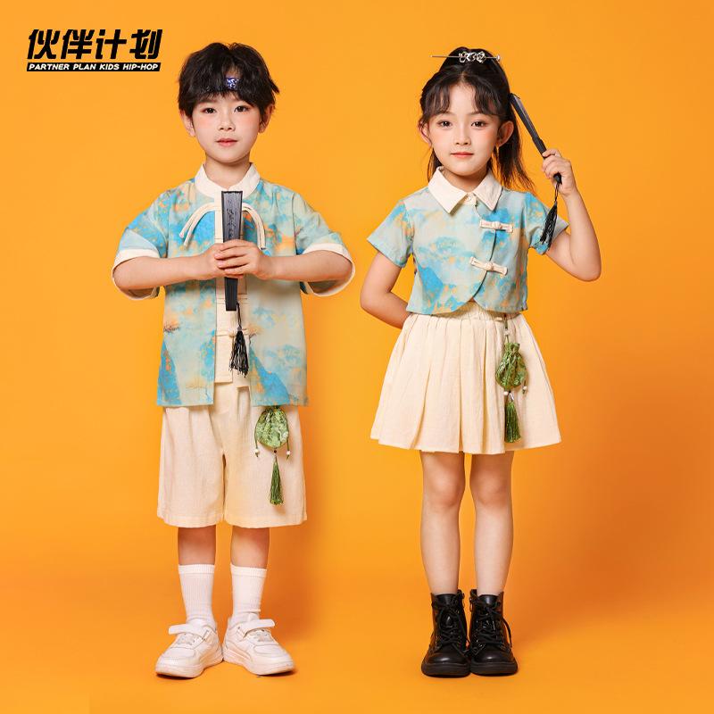 Children, Performance Clothes, Kindergarten Dance Costumes, Landscape Painting, Short-Sleeved Girls' Pleated Skirts