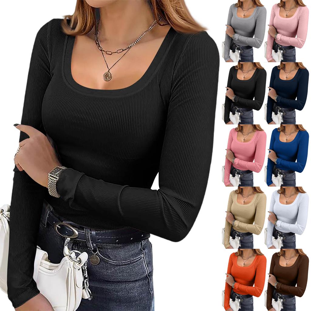Women's  And Winter Slim Bottom T-shirt Fashion Casual Solid Color Square Neck Pullover Long Sleeve Top