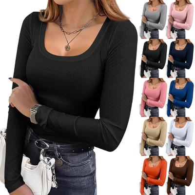Women's  And Winter Slim Bottom T-shirt Fashion Casual Solid Color Square Neck Pullover Long Sleeve Top