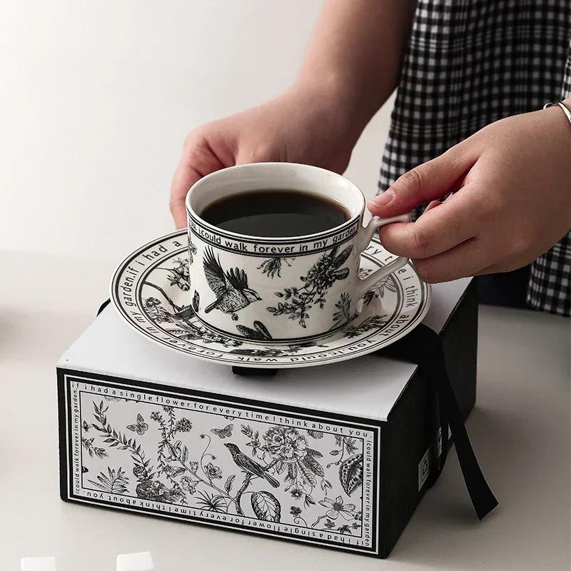 Vintage Elegant Ceramic Coffee Cup and Saucer Set Chic Bird Flower Exquisite Water Cup Home Afternoon Tea Dessert Tray Gift Box