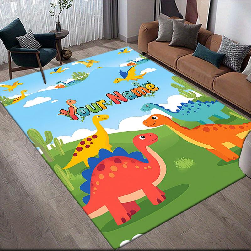 Custom Name,Cute Cartoon Dinosaur Home Sofa Decoration for Living Room & Bedroom, Non‑Slip Play Flannel Floor Mat for Game Room