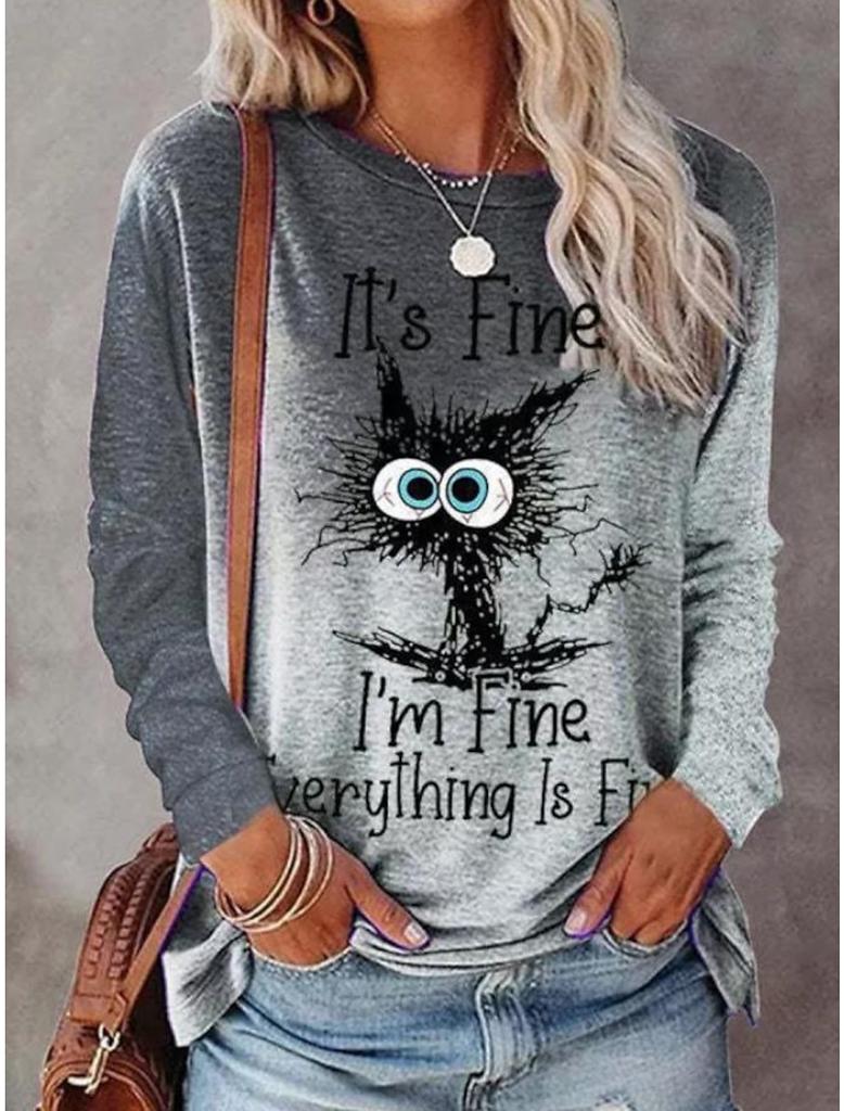 New 3D Cute Cat Printed Women's Casual Fashion Round Neck Long Sleeve T-shirt