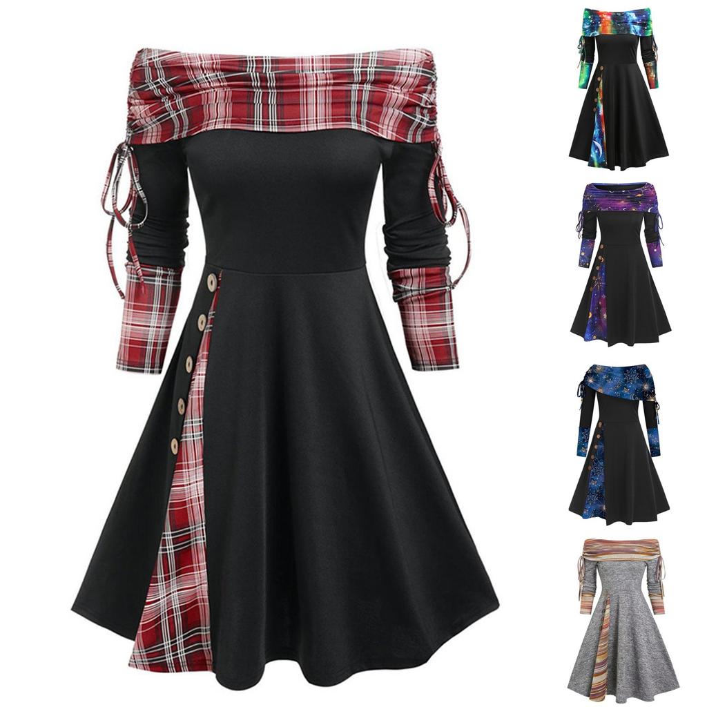 Women's Fashion Casual Waist Wide Hem Off Shoulder Long Sleeve A-Line Dress