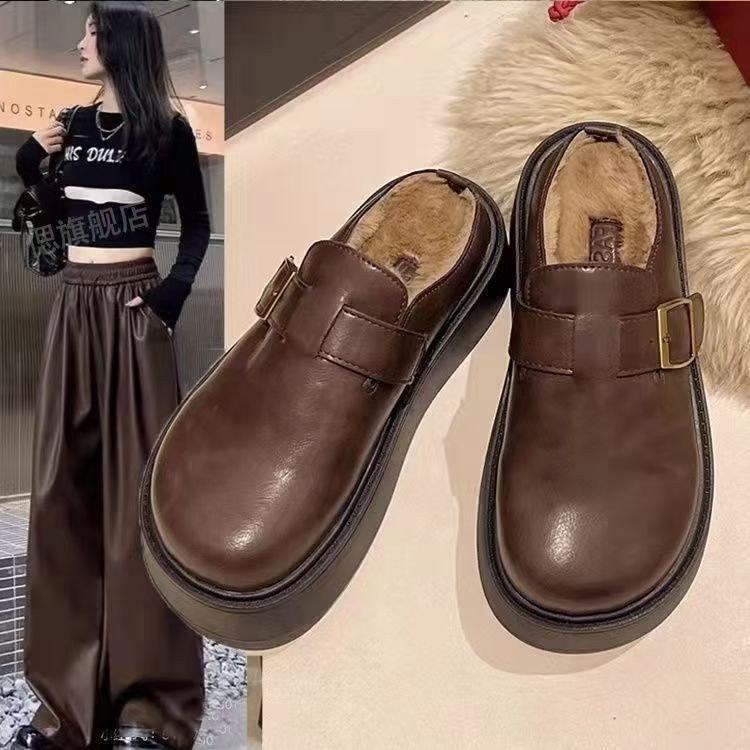 Autumn and winter wear a pedal bag head half slippers 2025 new Mao Mao cotton drag popular leather Birkencotton slippers women