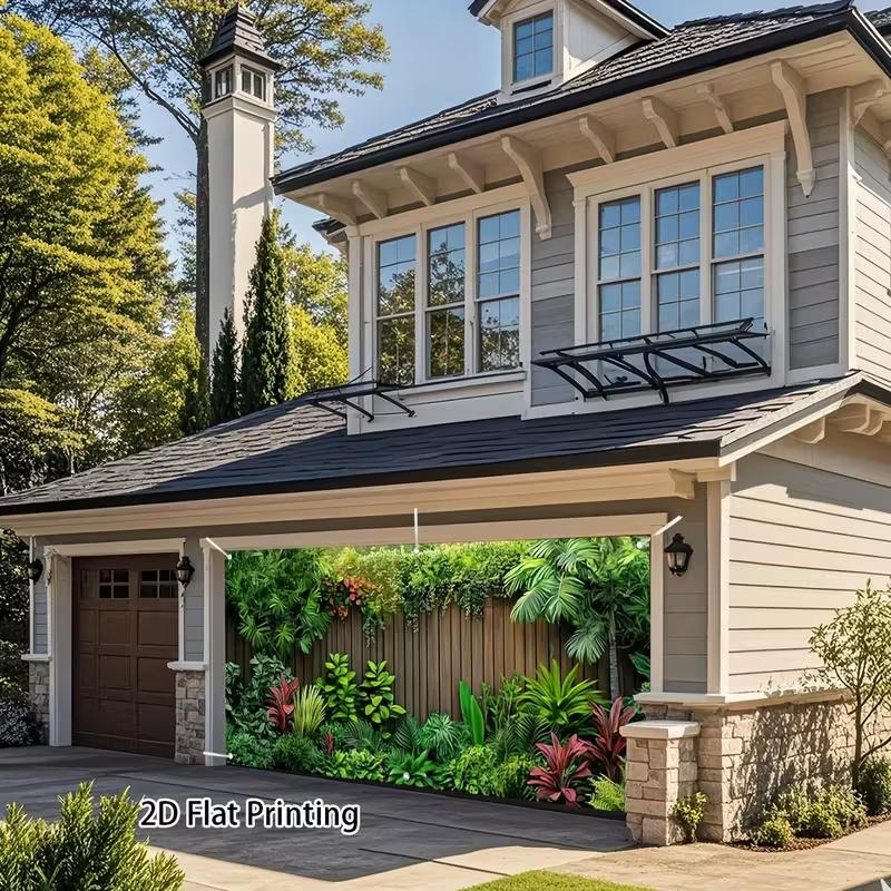Vibrant Tropical Greenery Tapestry, Lush Jungle Plants with Wooden Fence Wall Hanging for Garage
