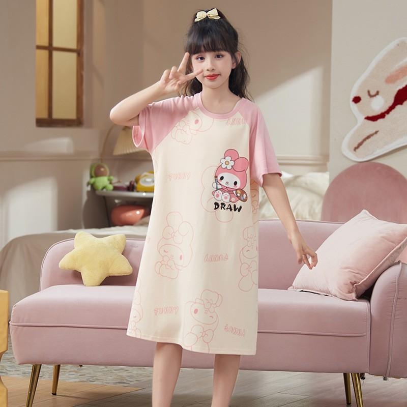 2026 Girls Cotton Nightdress Short Sleeve Pajama Dress Kids Ages 8-14 Soft Breathable Sleepwear
