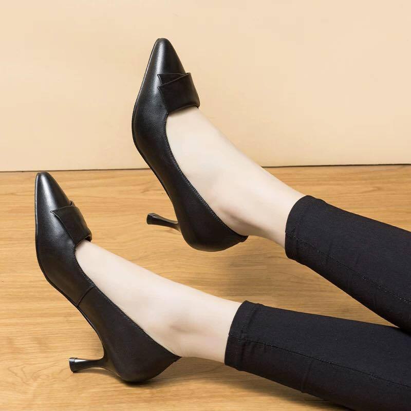 Dámské boty z pravé kůže Lodičky s špičatou špičkou Vysoké podpatky Mělké Módní Černé Pracovní boty Dámské Společenské boty Nadměrná velikost 33-40