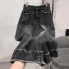 Women's High Waist Washed Black Denim Maxi Skirt Raw Hem Split Front Vintage Casual Streetwear Long Jean Skirt