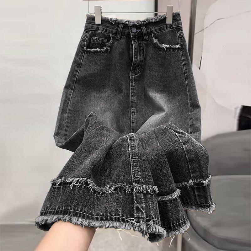 Women's High Waist Washed Black Denim Maxi Skirt Raw Hem Split Front Vintage Casual Streetwear Long Jean Skirt