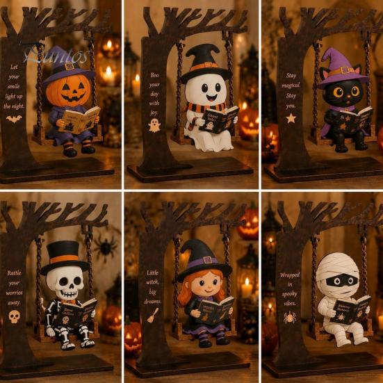 Spooky Halloween Party Supplies Funny Swing Ornament, Witch/Skeleton/Mummy/Pumpkin Ghost Sitting on Indoor Outdoor Decorations Reading Book