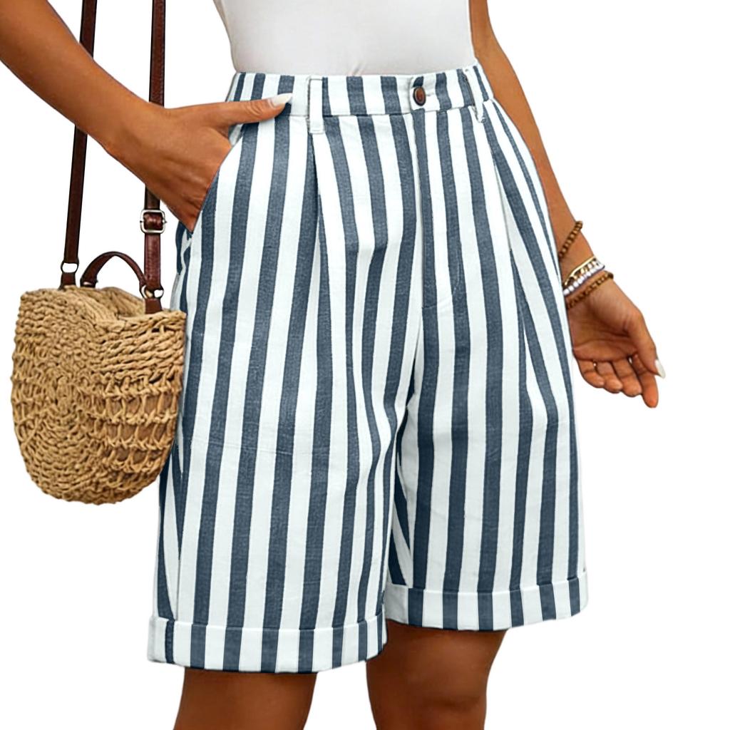 Women's Striped Casual Fashion Breathable Loose Cotton-Linen Shorts