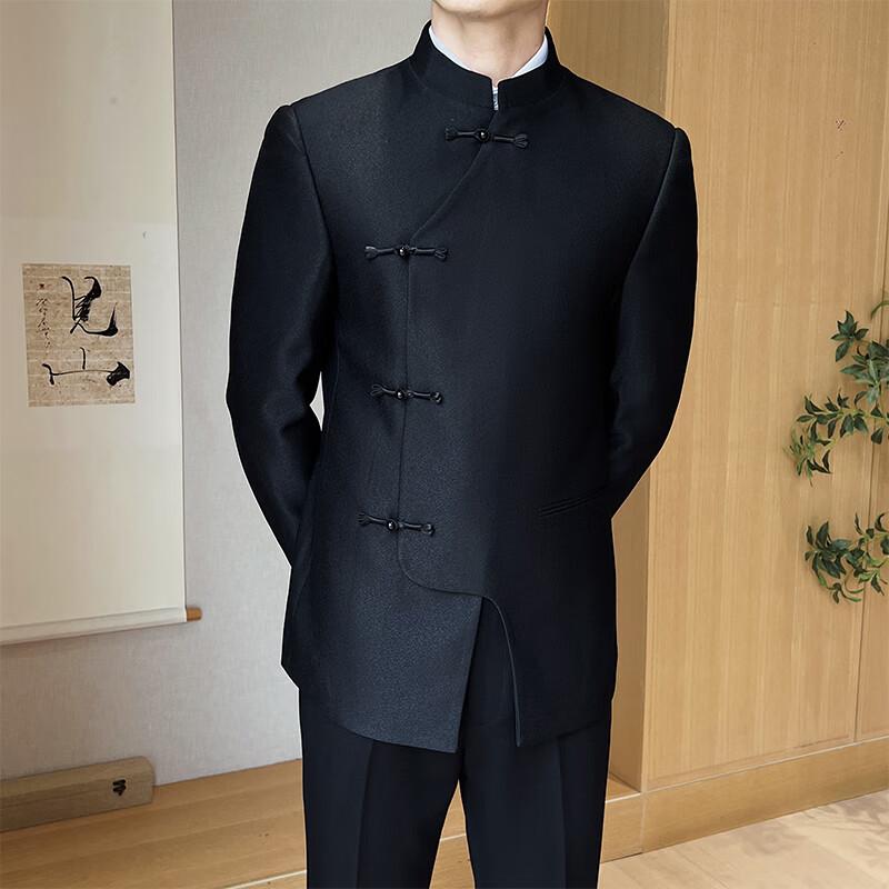 Romon Men's Black Chinese Style Stand Collar Suit Set
