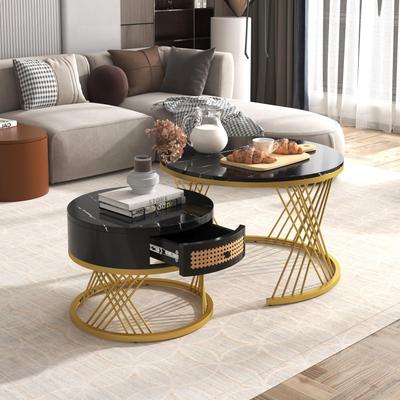 Coffee Table Set of 2, Round Living Room Table with Marble Veneer, Wooden Coffee Table with Drawer, Metal Frame, Black and Gold