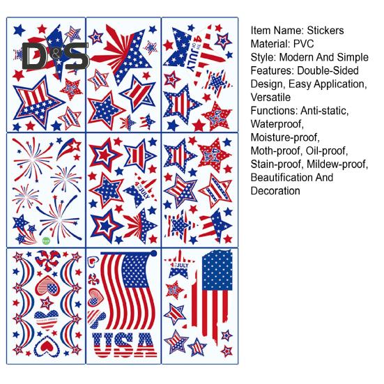 9Pcs Independence Day Stickers Double-Sided Design Stars Stripes Elements Easy To Use July 4 Patriotic Window Decoration