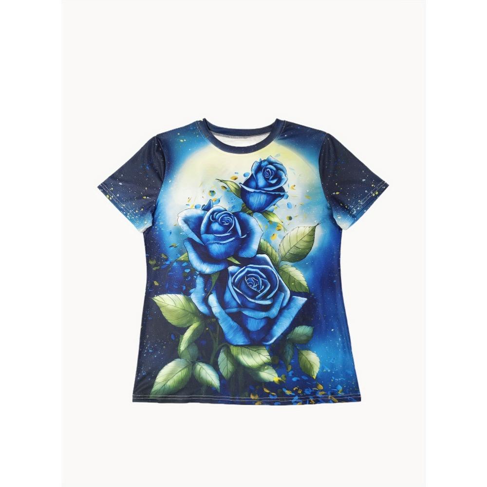 Sternenblaue Rose Damen-T-Shirt - Elegantes blaues Rosenstrauß-Grafikdesign, Magisches florales Printdesign für legere Alltagsmode