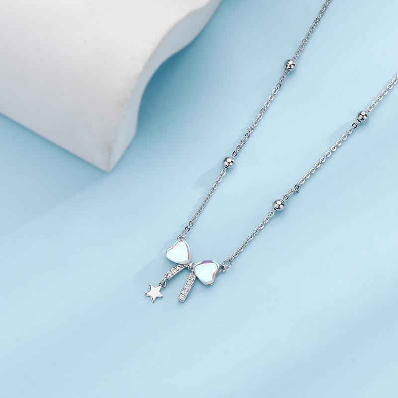 Halskette aus S925er Sterlingsilber mit hochwertiger, super funkelnder Diamant-Sternschleifen-Halskette, süße und farbenfrohe Liebes-Mondlicht-Steinschloss-Knochenkette