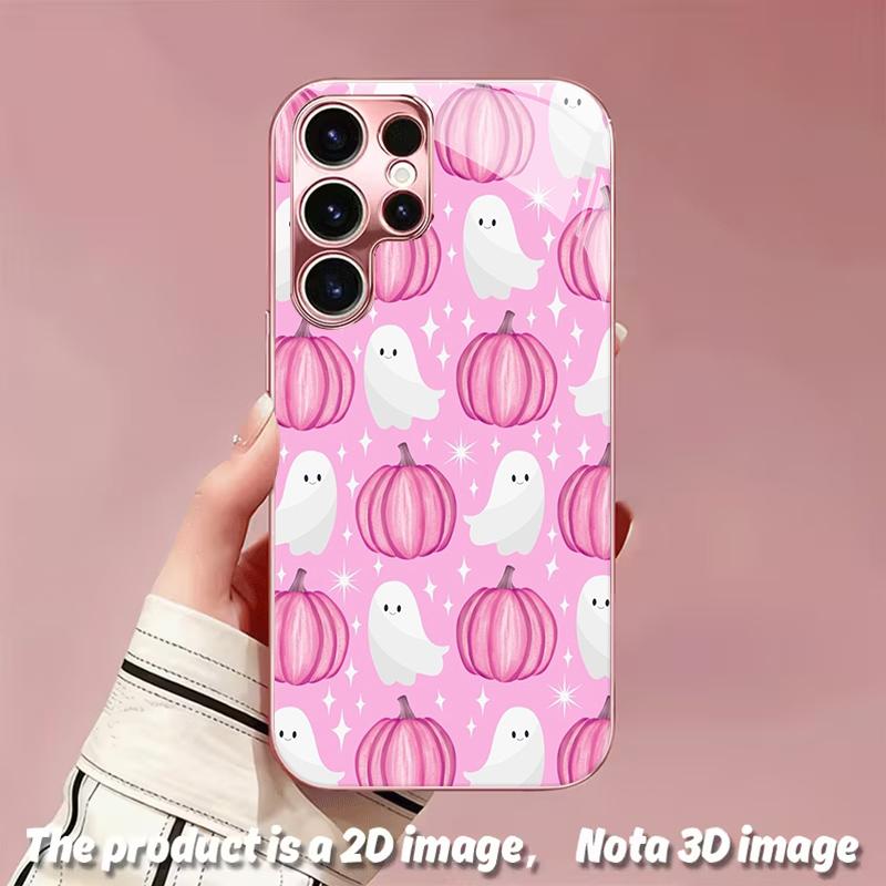 2DFlat Samsung electroplated tempered glass phone case,Cute Pink Pumpkin Ghost PatternSuitable for Galaxy S26 S23 S24FE S25ULTRA S22 S21
