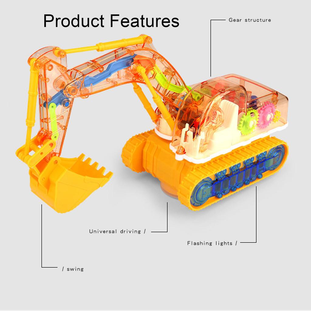 Light Up Transparent Gear Excavator Toy STEM Learning Excavator Construction Vehicle with Sound Effects Extendable Arm Yellow